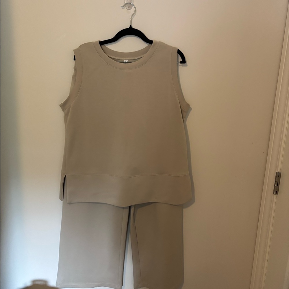 Sleeveless Crewneck Top & Wide-Leg Pants Set - Beige